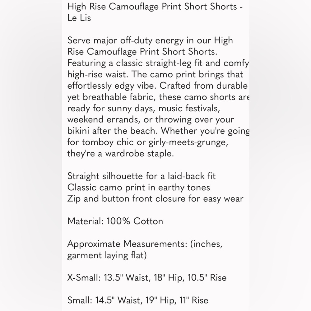 🆕 Le Lis Camouflage High Waisted Shorts - Picture 6 of 11